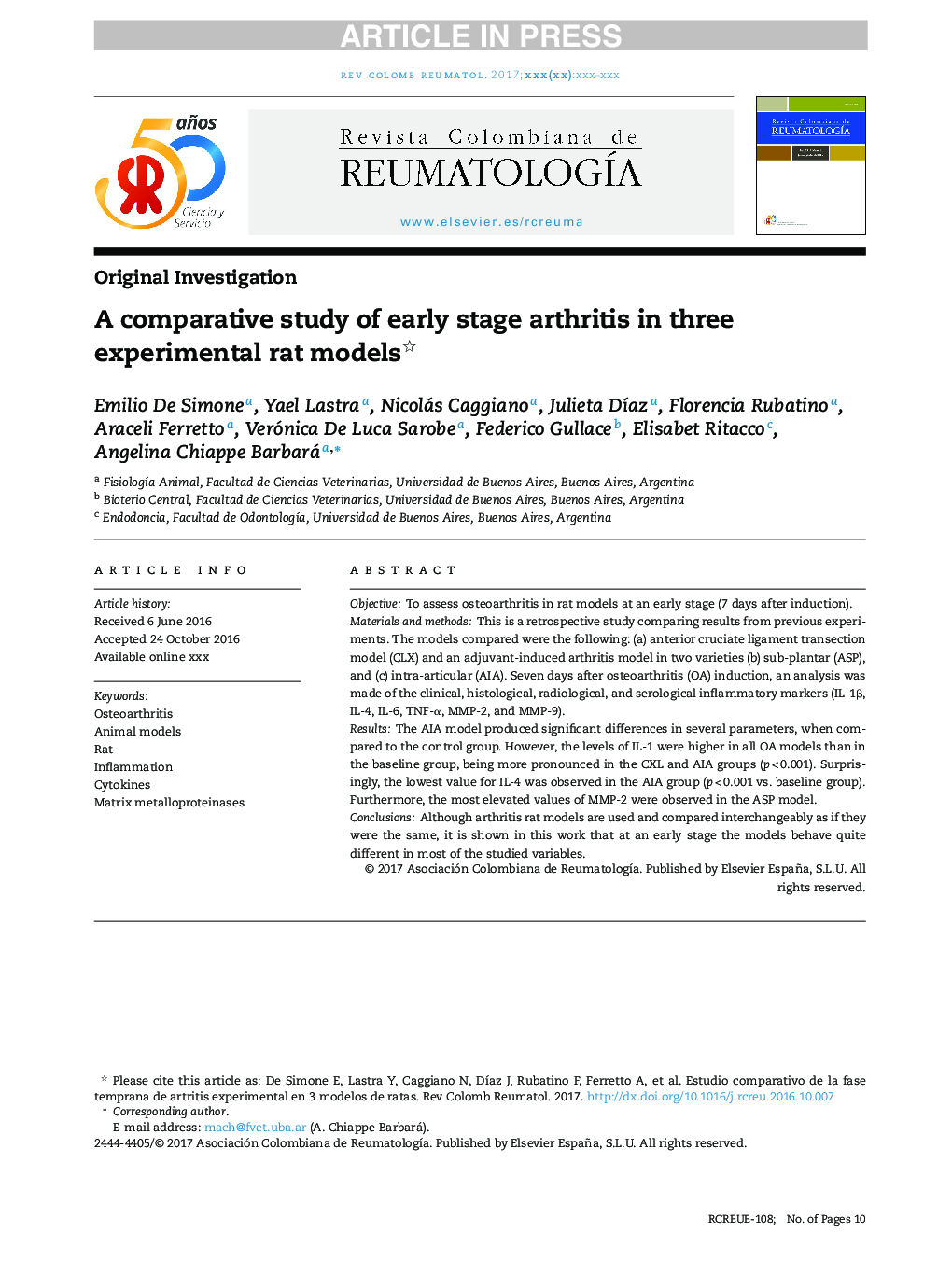 A comparative study of early stage arthritis in three experimental rat models