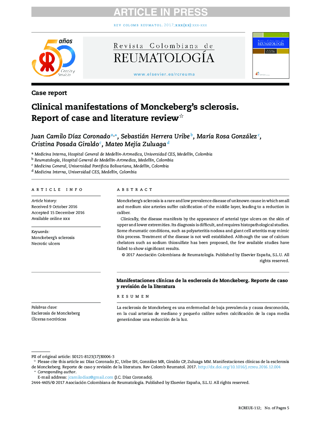 Clinical manifestations of Monckeberg's sclerosis. Report of case and literature review