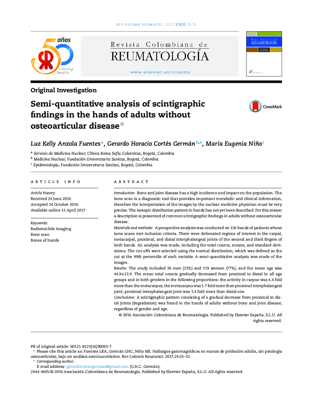 Semi-quantitative analysis of scintigraphic findings in the hands of adults without osteoarticular disease