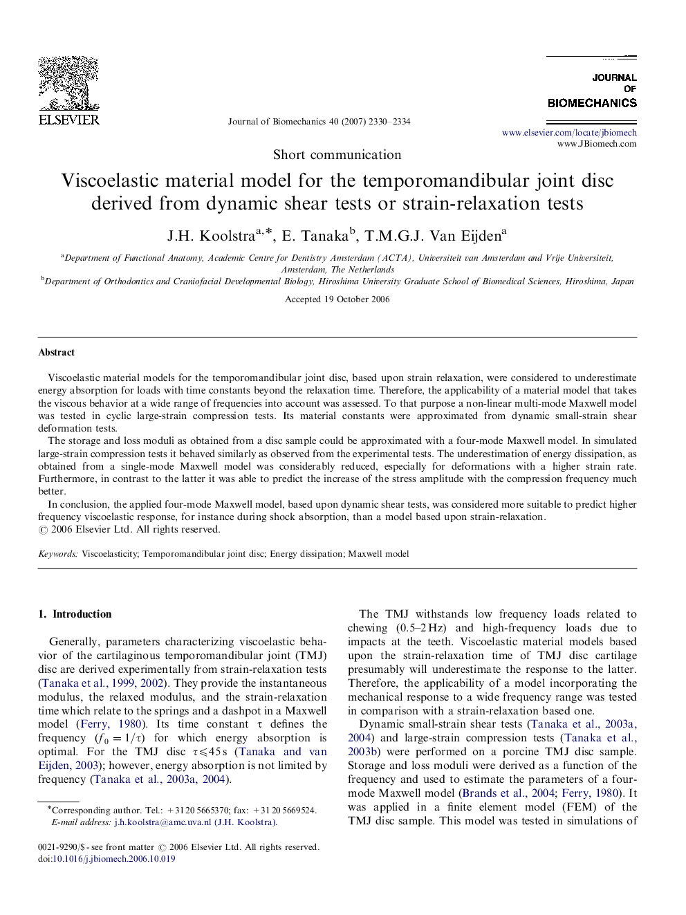 Viscoelastic material model for the temporomandibular joint disc derived from dynamic shear tests or strain-relaxation tests