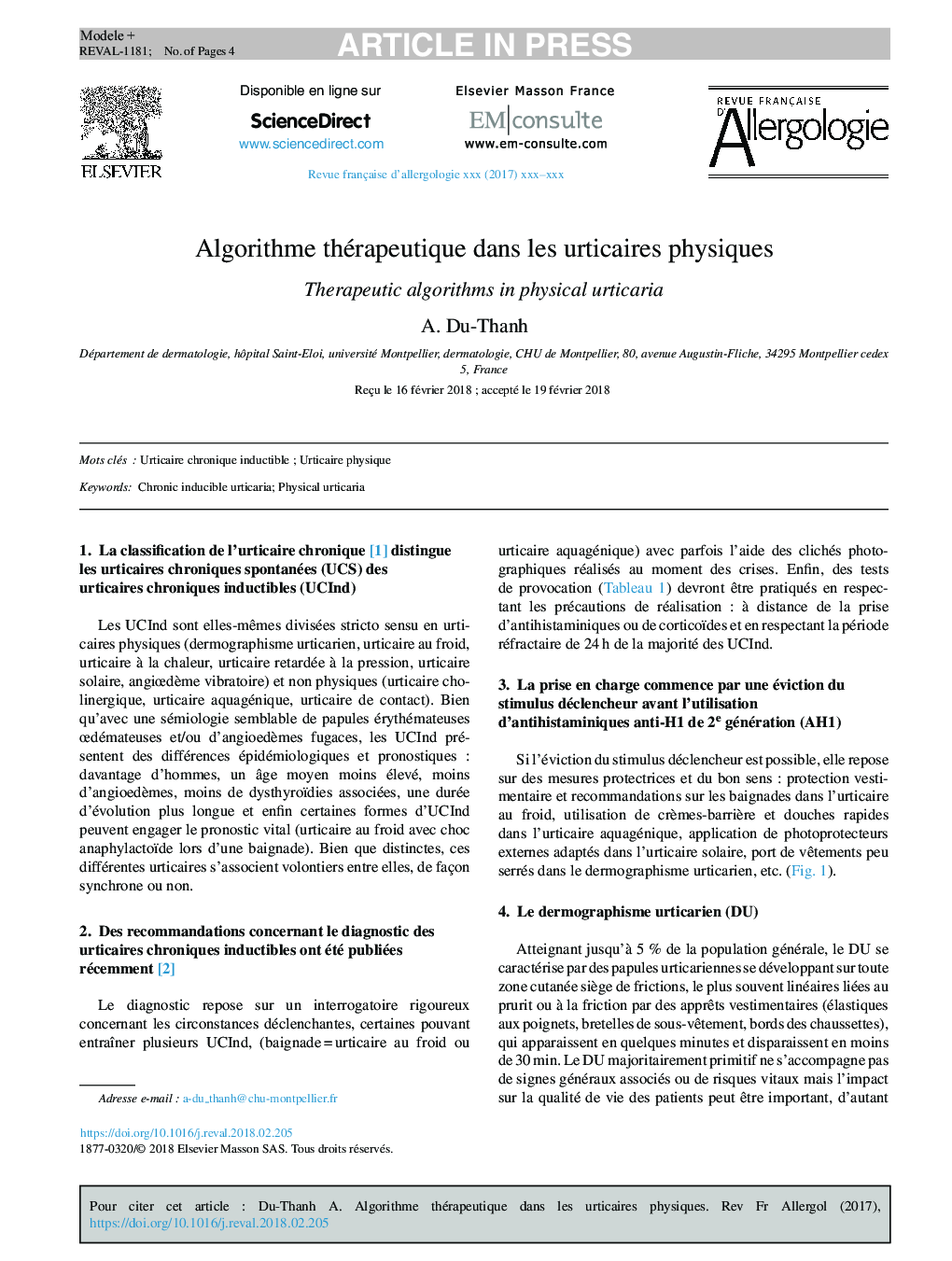 Algorithme thérapeutique dans les urticaires physiques