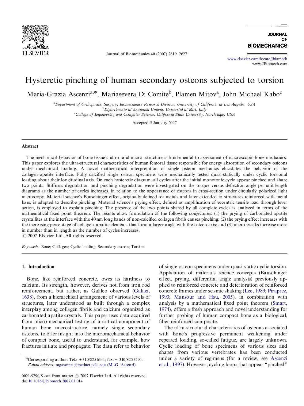 Hysteretic pinching of human secondary osteons subjected to torsion