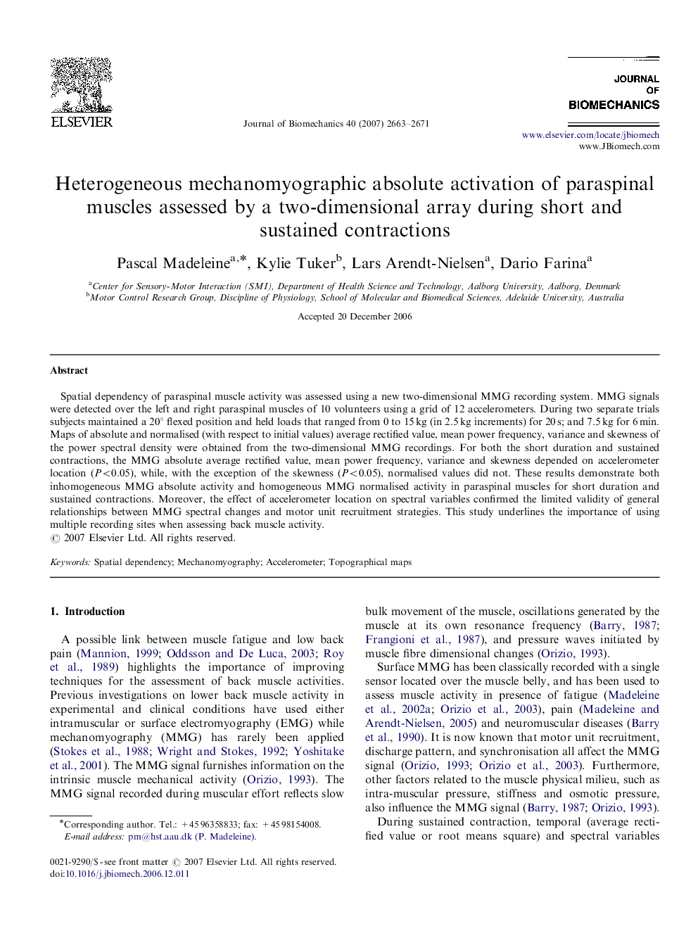 Heterogeneous mechanomyographic absolute activation of paraspinal muscles assessed by a two-dimensional array during short and sustained contractions