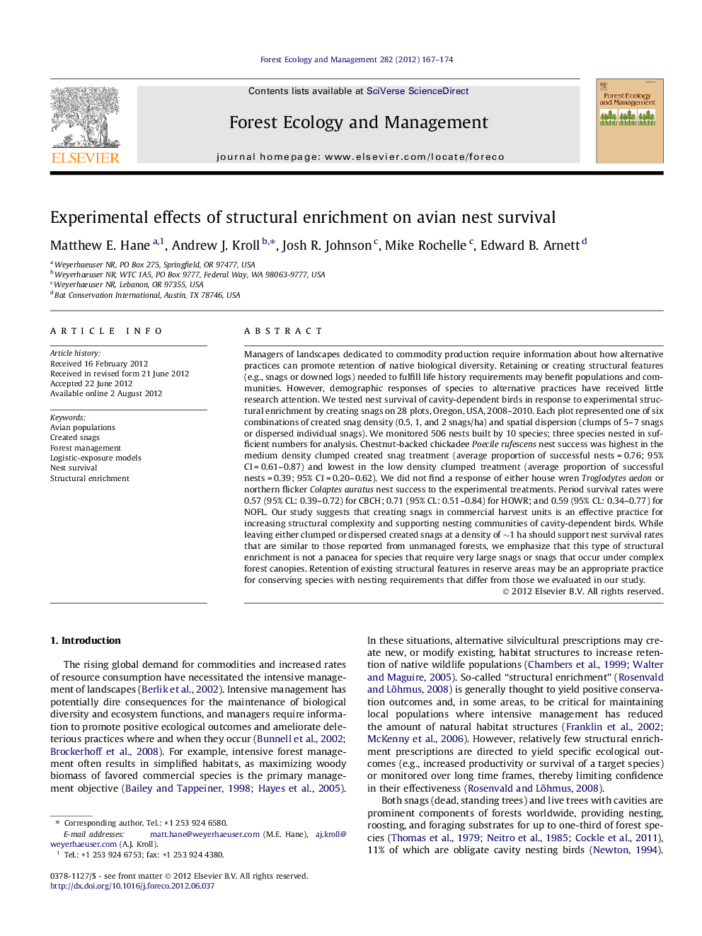 Experimental effects of structural enrichment on avian nest survival