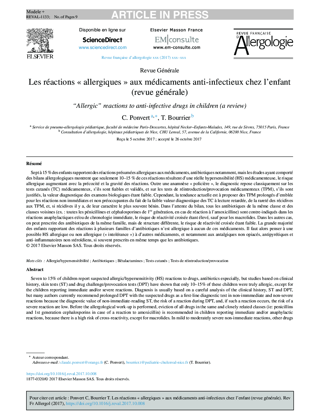 Les réactions Â«Â allergiquesÂ Â» aux médicaments anti-infectieux chez l'enfant (revue générale)