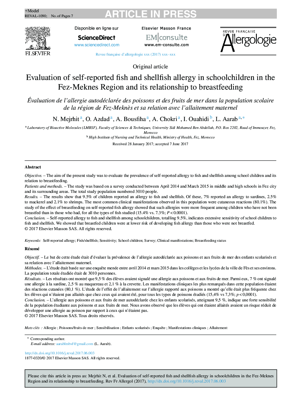 Evaluation of self-reported fish and shellfish allergy in schoolchildren in the Fez-Meknes Region and its relationship to breastfeeding