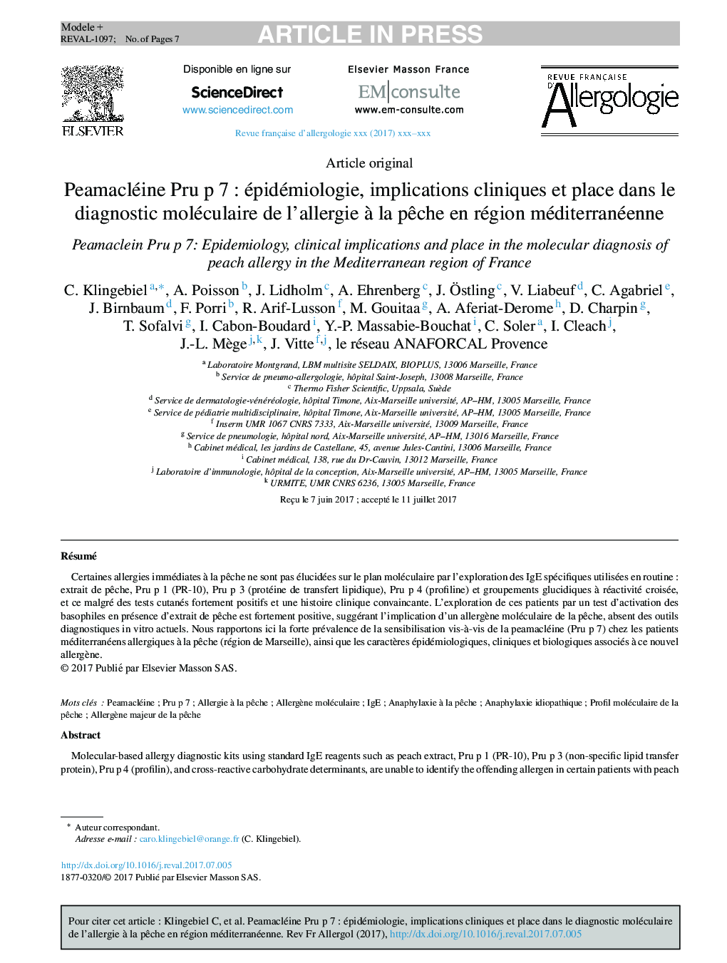 Peamacléine Pru p 7Â : épidémiologie, implications cliniques et place dans le diagnostic moléculaire de l'allergie Ã  la pÃªche en région méditerranéenne