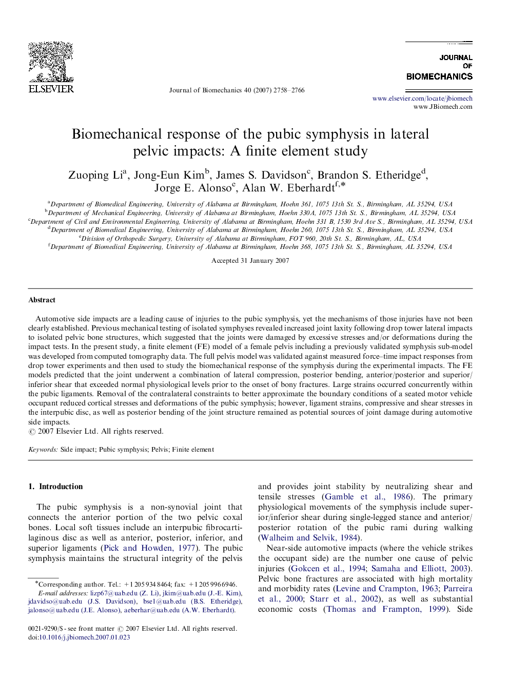 Biomechanical response of the pubic symphysis in lateral pelvic impacts: A finite element study