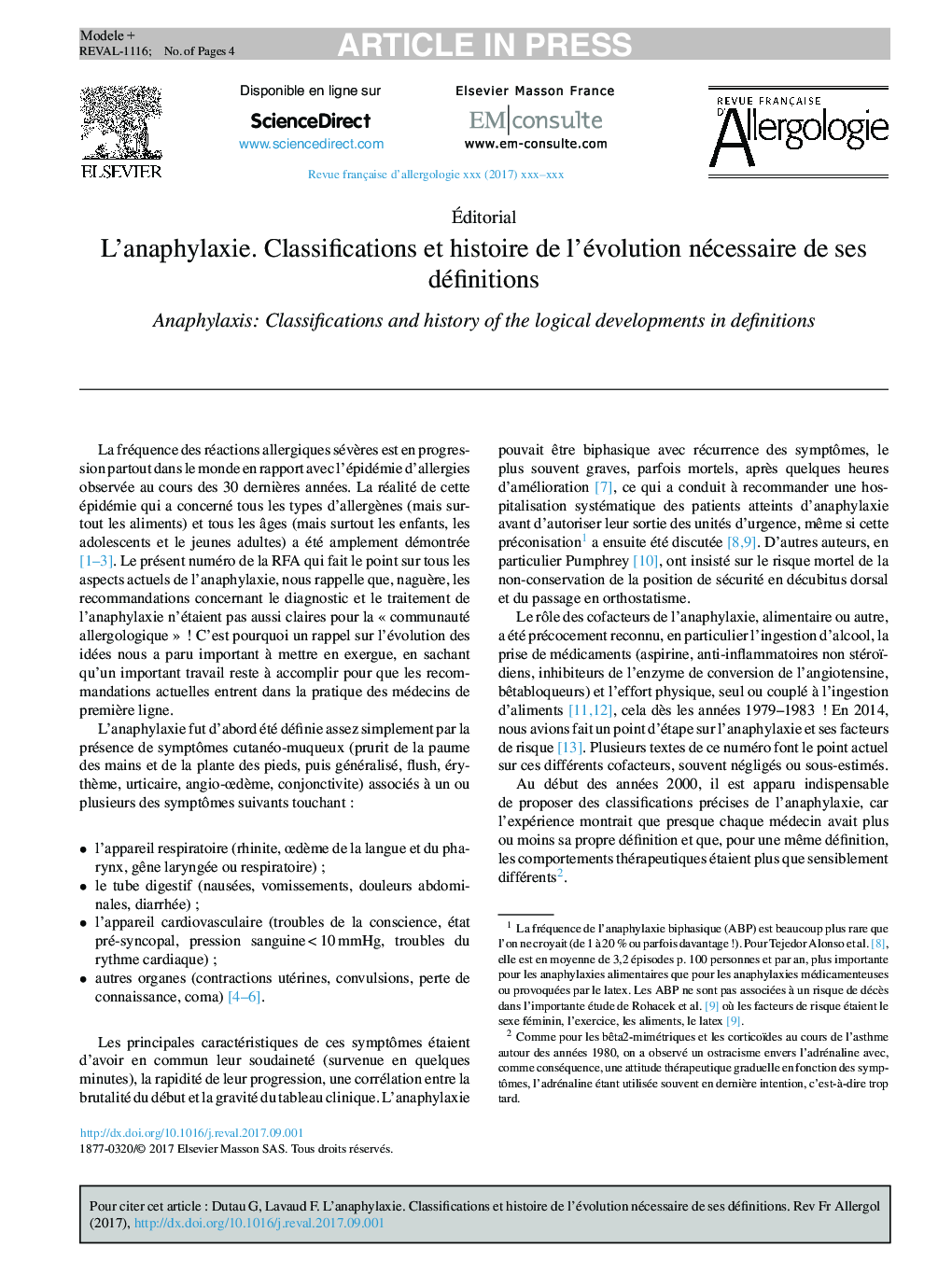 L'anaphylaxie. Classifications et histoire de l'évolution nécessaire de ses définitions