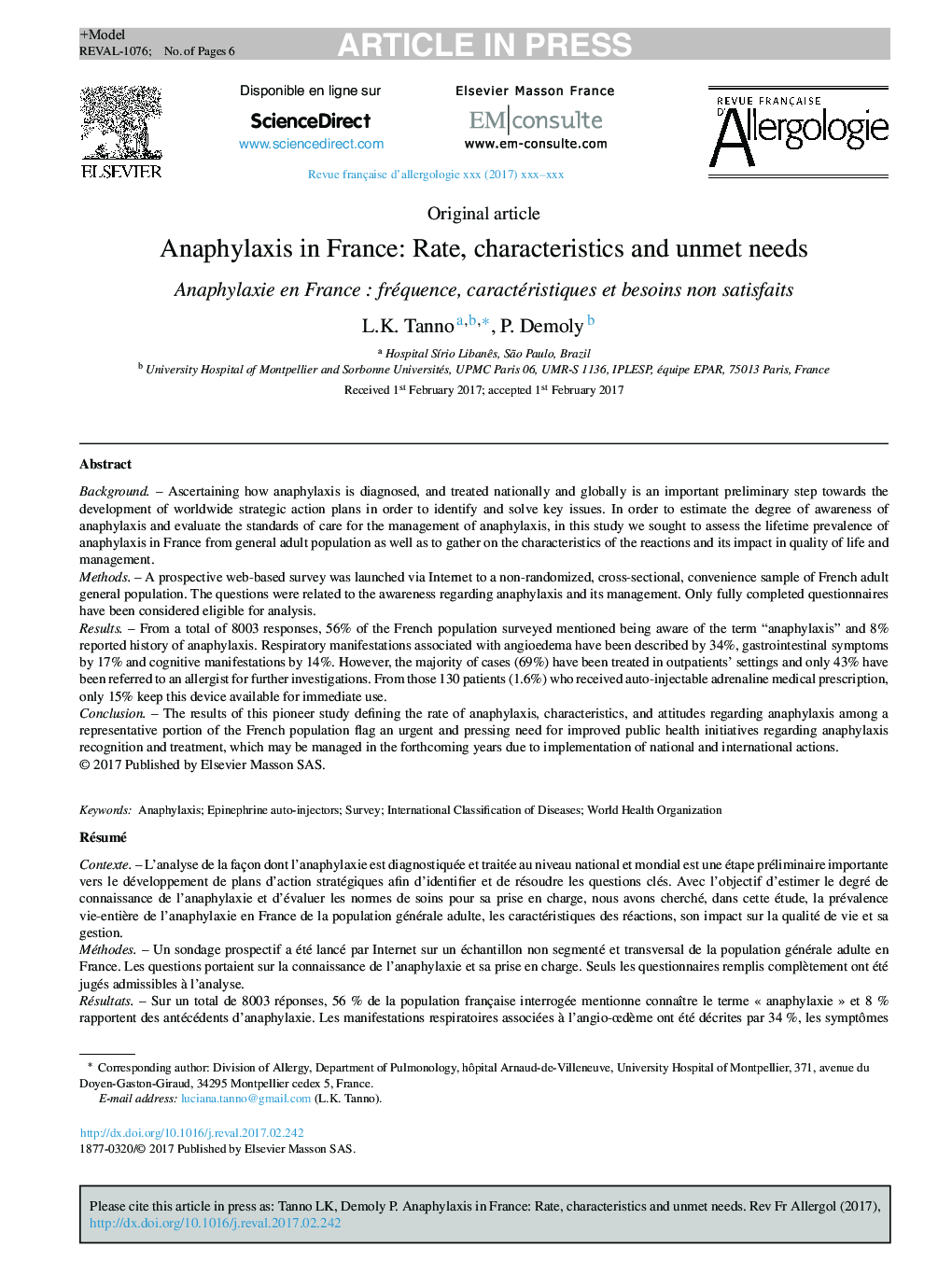 Anaphylaxis in France: Rate, characteristics and unmet needs