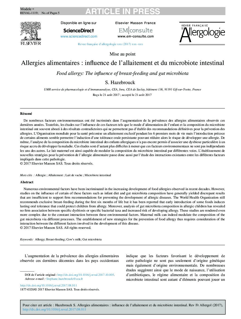 Allergies alimentairesÂ : influence de l'allaitement et du microbiote intestinal