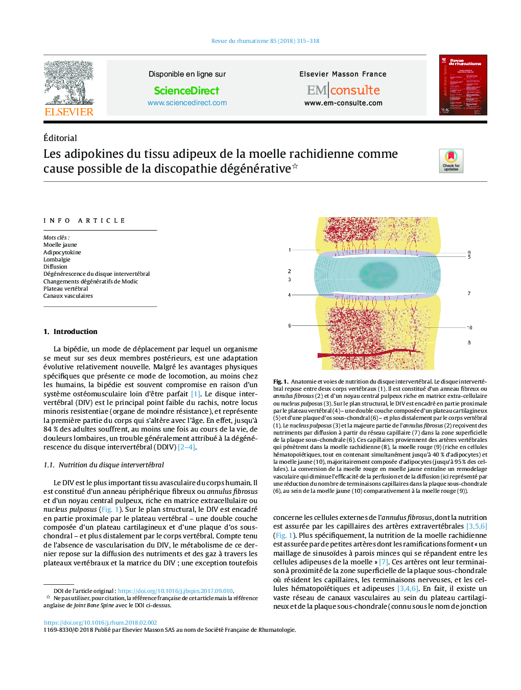 Les adipokines du tissu adipeux de la moelle rachidienne comme cause possible de la discopathie dégénérative