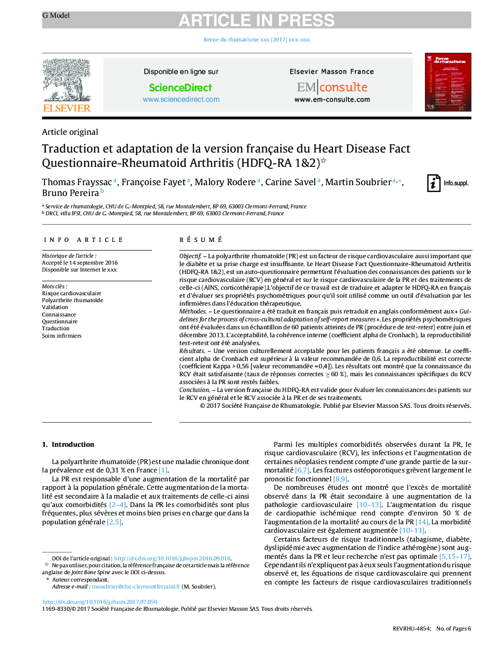 Traduction et adaptation de la version française du Heart Disease Fact Questionnaire-Rheumatoid Arthritis (HDFQ-RA 1&2)