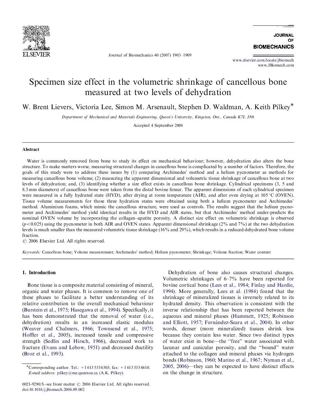 Specimen size effect in the volumetric shrinkage of cancellous bone measured at two levels of dehydration