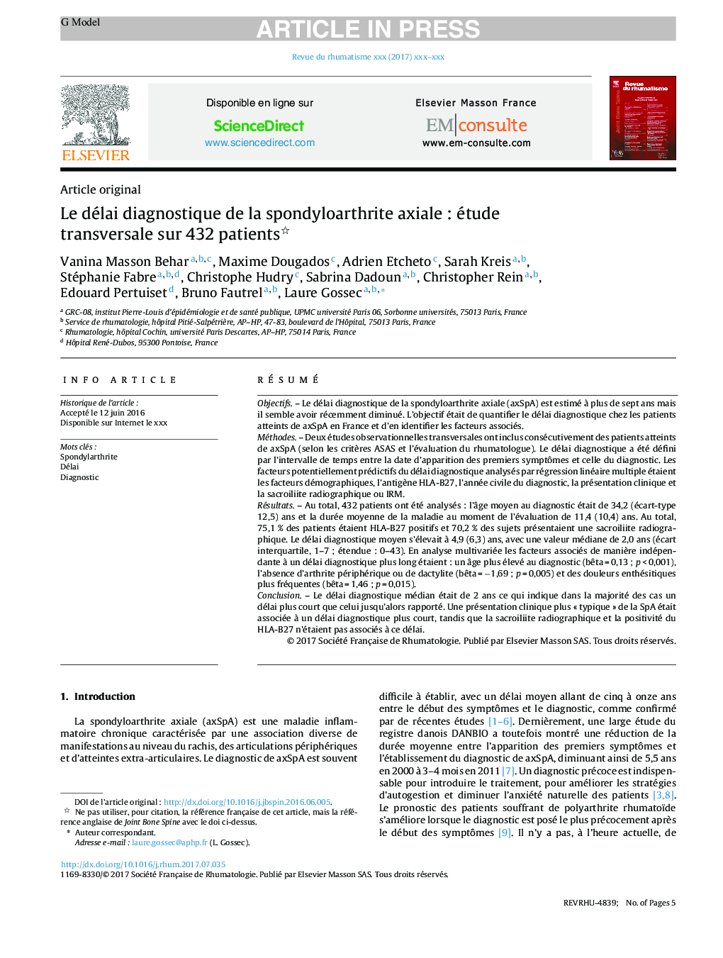 Le délai diagnostique de la spondyloarthrite axialeÂ : étude transversale sur 432Â patients