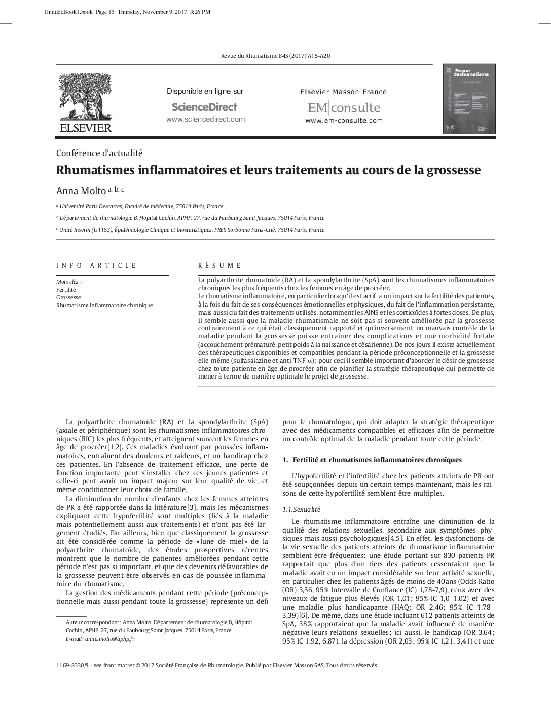 Rhumatismes inflammatoires et leurs traitements au cours de la grossesse