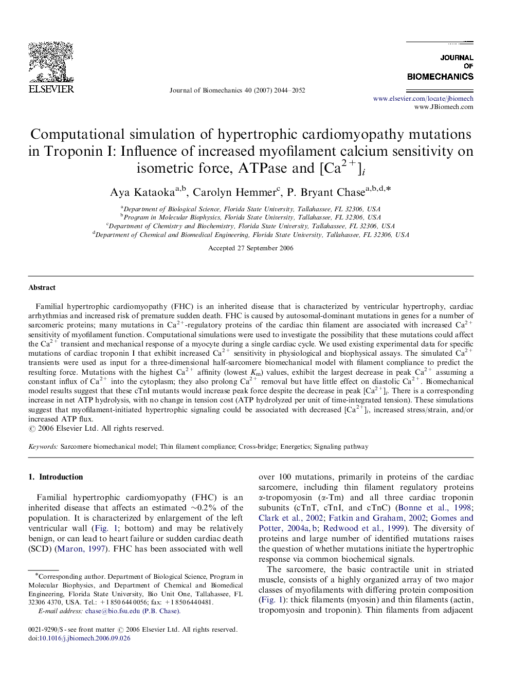 Computational simulation of hypertrophic cardiomyopathy mutations in Troponin I: Influence of increased myofilament calcium sensitivity on isometric force, ATPase and [Ca2+]i