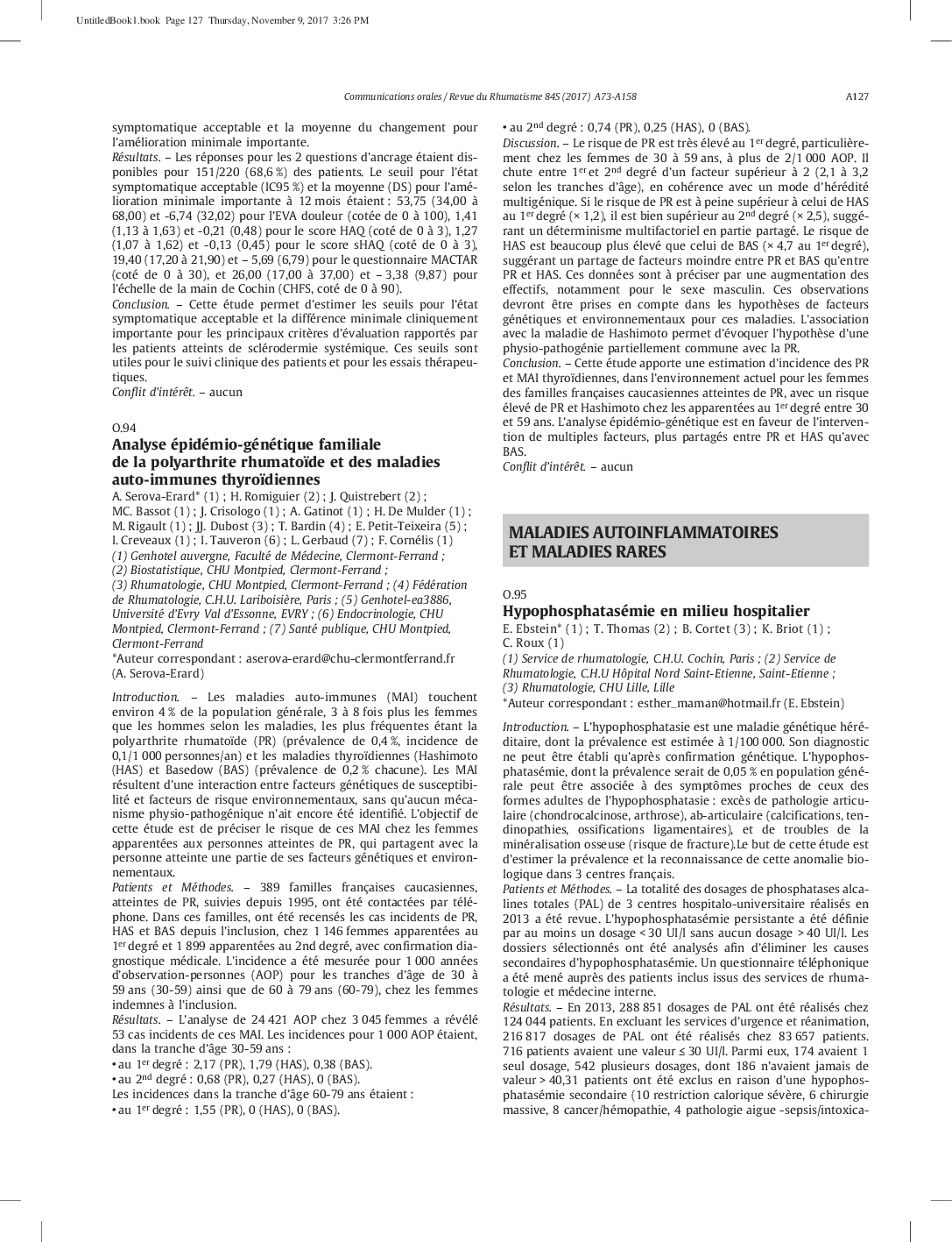 Maladies autoinflammatoires et maladies rares : O.95 - O.100