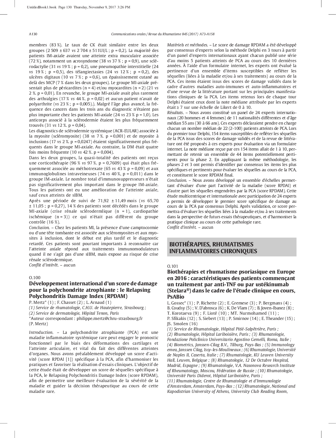 Biothérapies, rhumatismes inflammatoires chroniques : O.101 - O.106