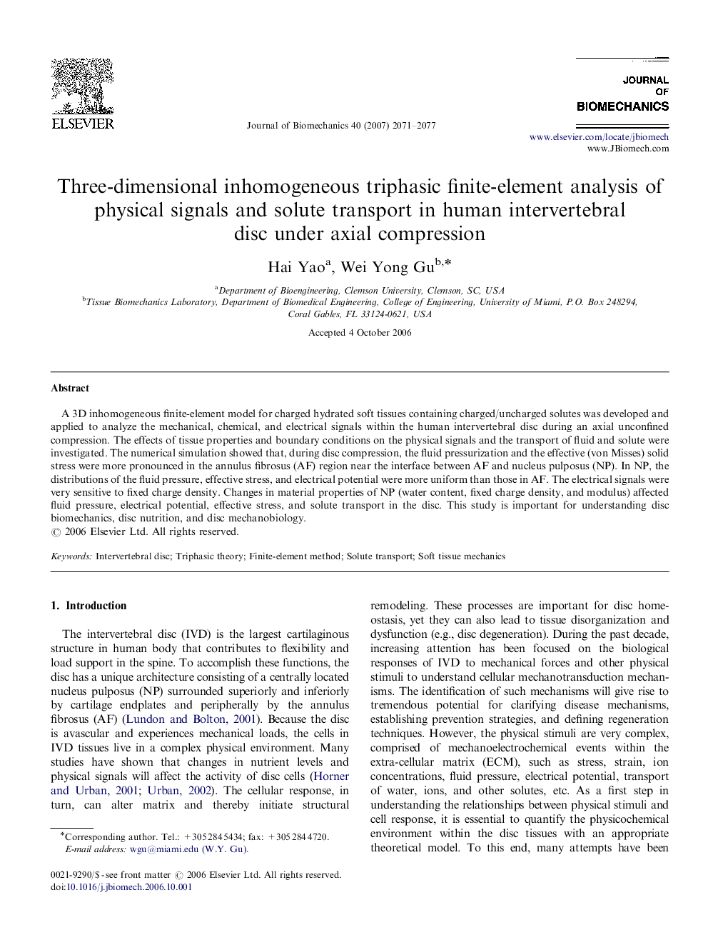 Three-dimensional inhomogeneous triphasic finite-element analysis of physical signals and solute transport in human intervertebral disc under axial compression