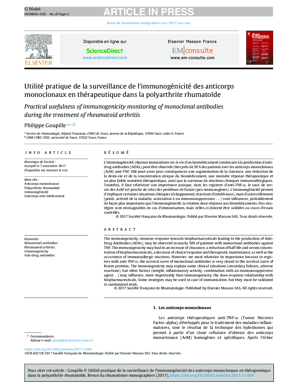 Utilité pratique de la surveillance de l'immunogénicité des anticorps monoclonaux en thérapeutique dans la polyarthrite rhumatoïde