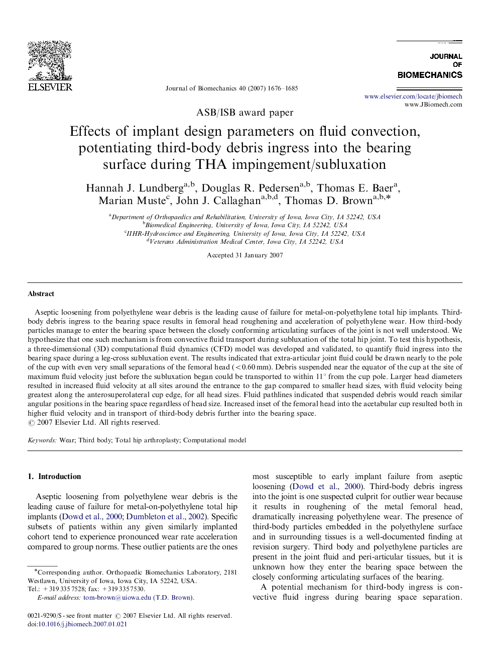 Effects of implant design parameters on fluid convection, potentiating third-body debris ingress into the bearing surface during THA impingement/subluxation