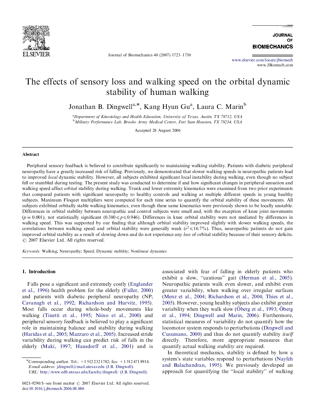 The effects of sensory loss and walking speed on the orbital dynamic stability of human walking