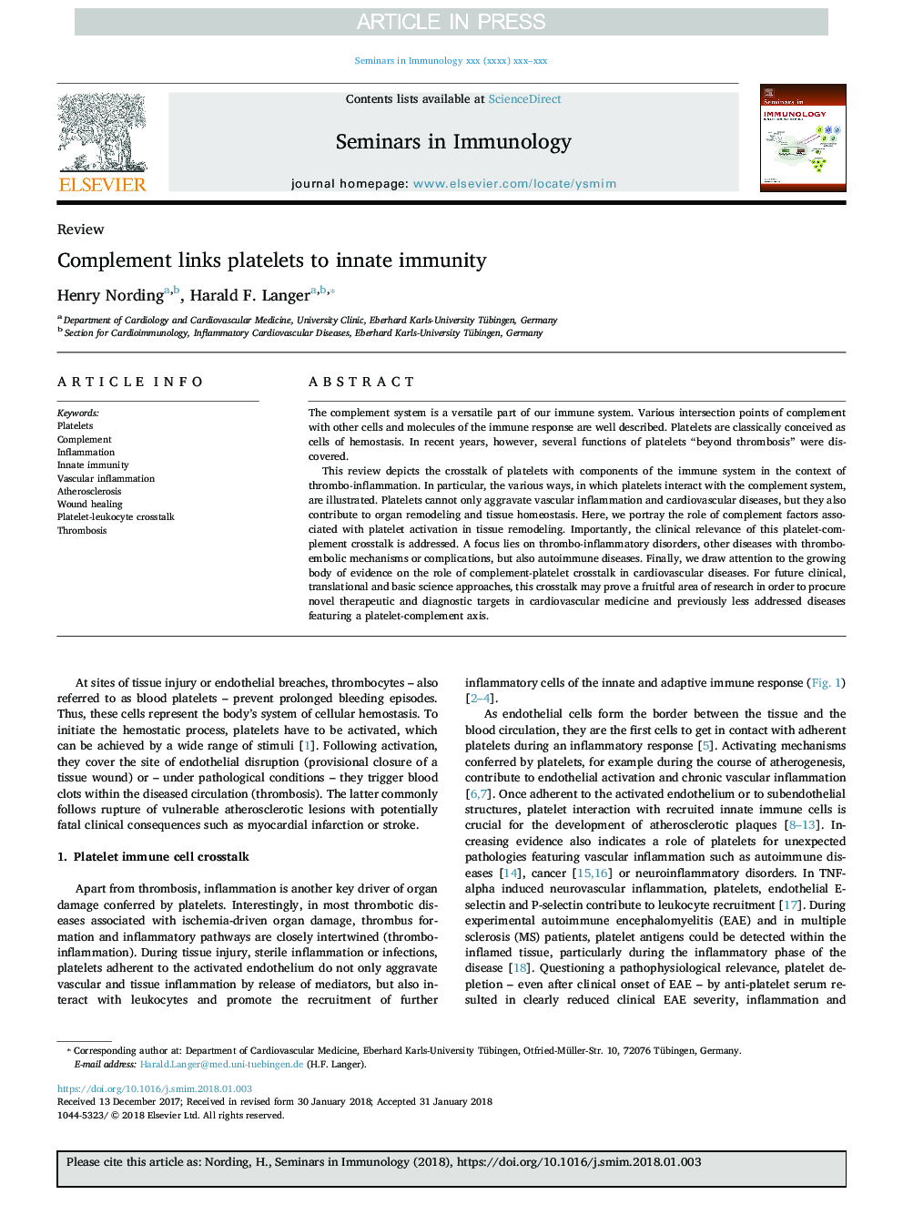 Complement links platelets to innate immunity