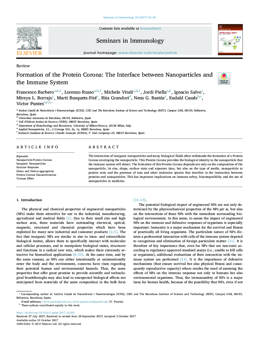 Formation of the Protein Corona: The Interface between Nanoparticles and the Immune System