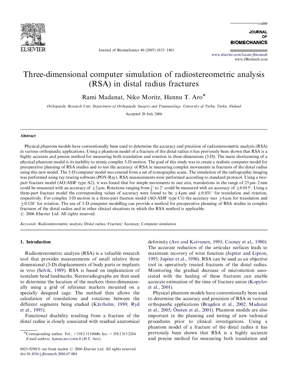 Three-dimensional computer simulation of radiostereometric analysis (RSA) in distal radius fractures