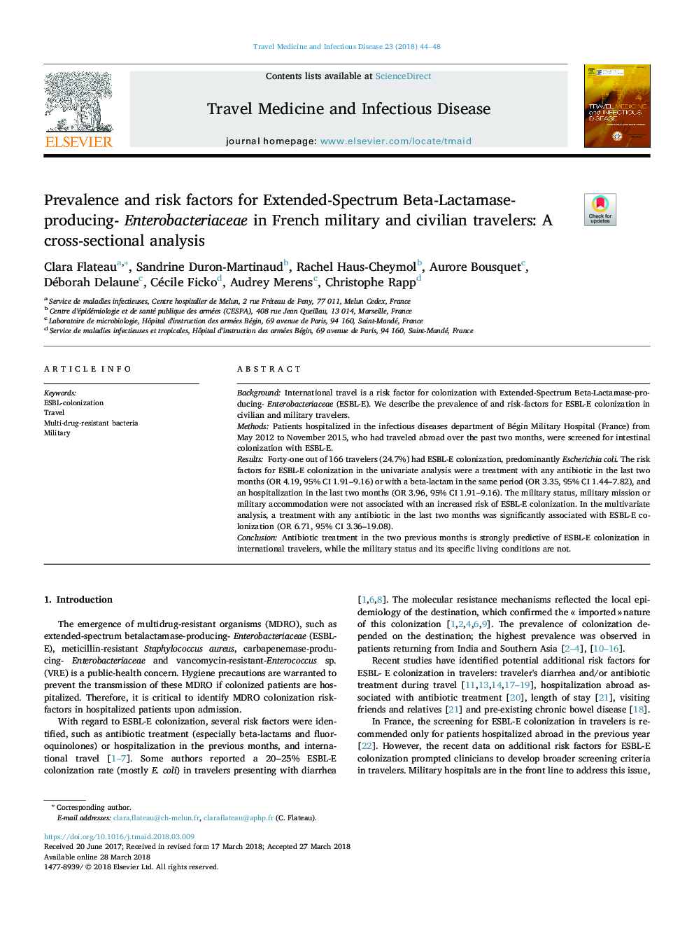 Prevalence and risk factors for Extended-Spectrum Beta-Lactamase-producing- Enterobacteriaceae in French military and civilian travelers: A cross-sectional analysis