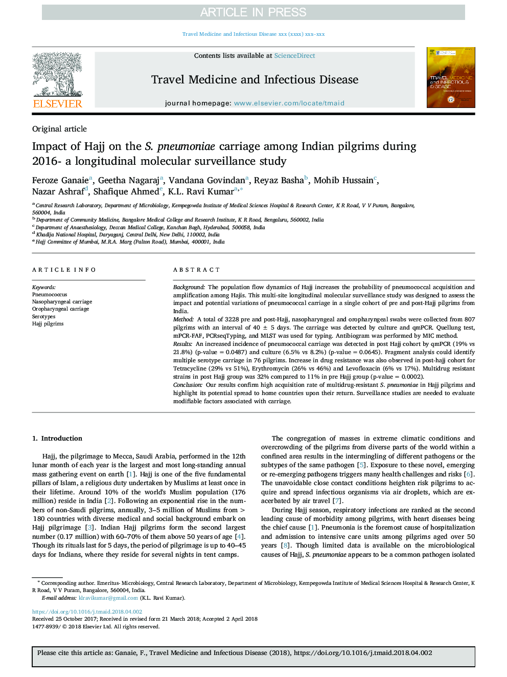 Impact of Hajj on the S. pneumoniae carriage among Indian pilgrims during 2016- a longitudinal molecular surveillance study