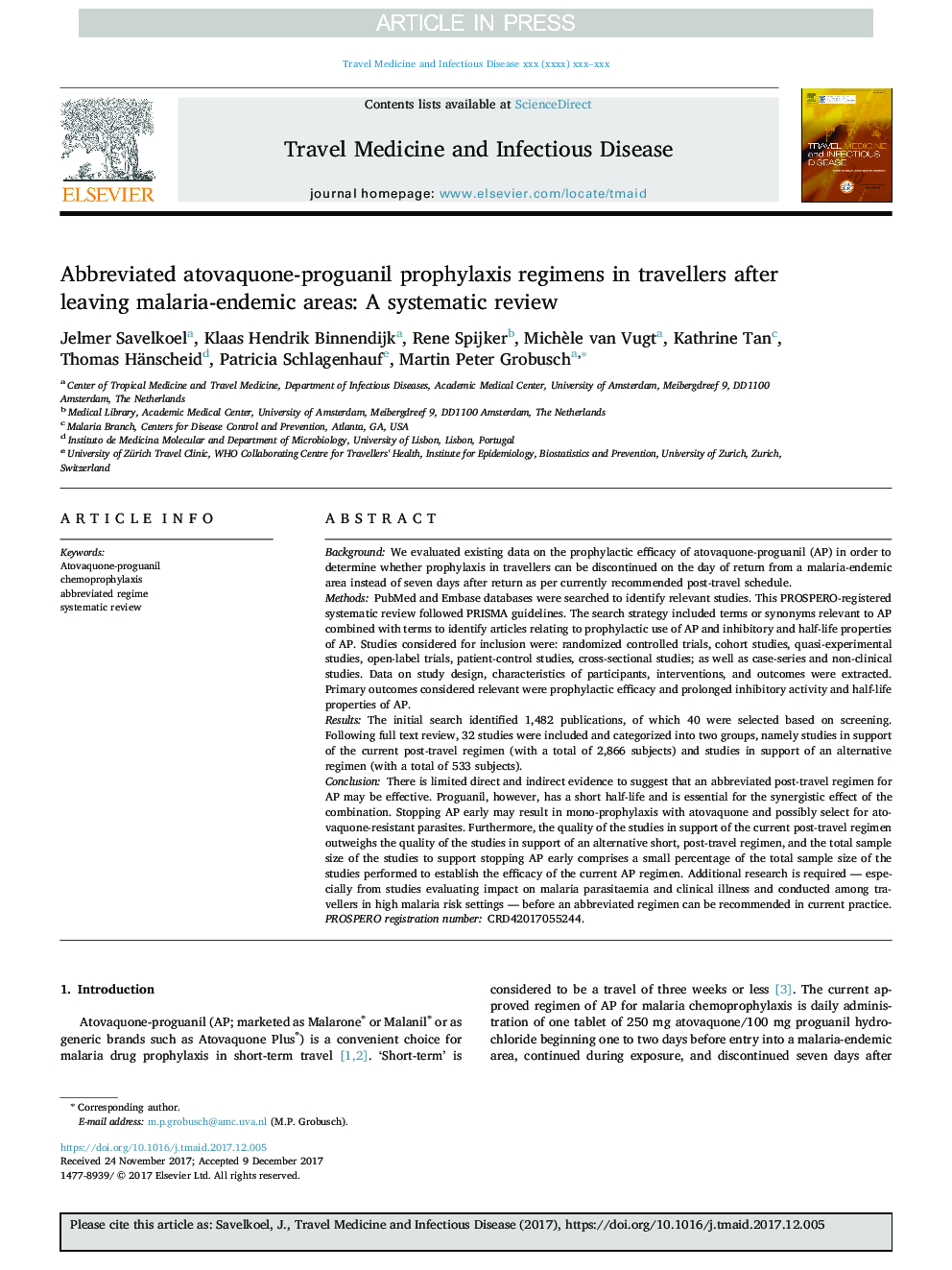Abbreviated atovaquone-proguanil prophylaxis regimens in travellers after leaving malaria-endemic areas: A systematic review