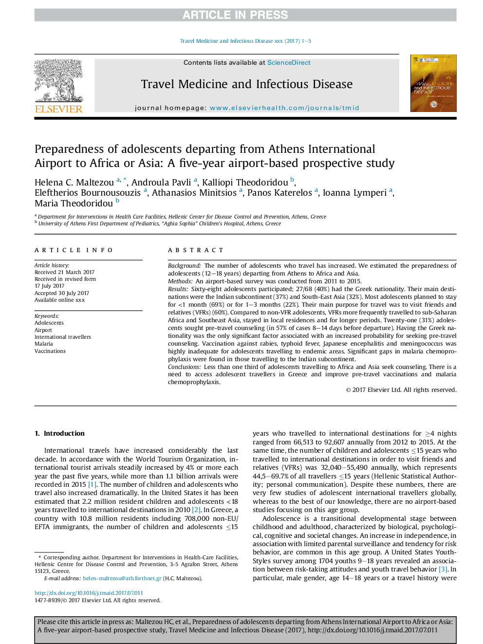 Preparedness of adolescents departing from Athens International Airport to Africa or Asia: A five-year airport-based prospective study