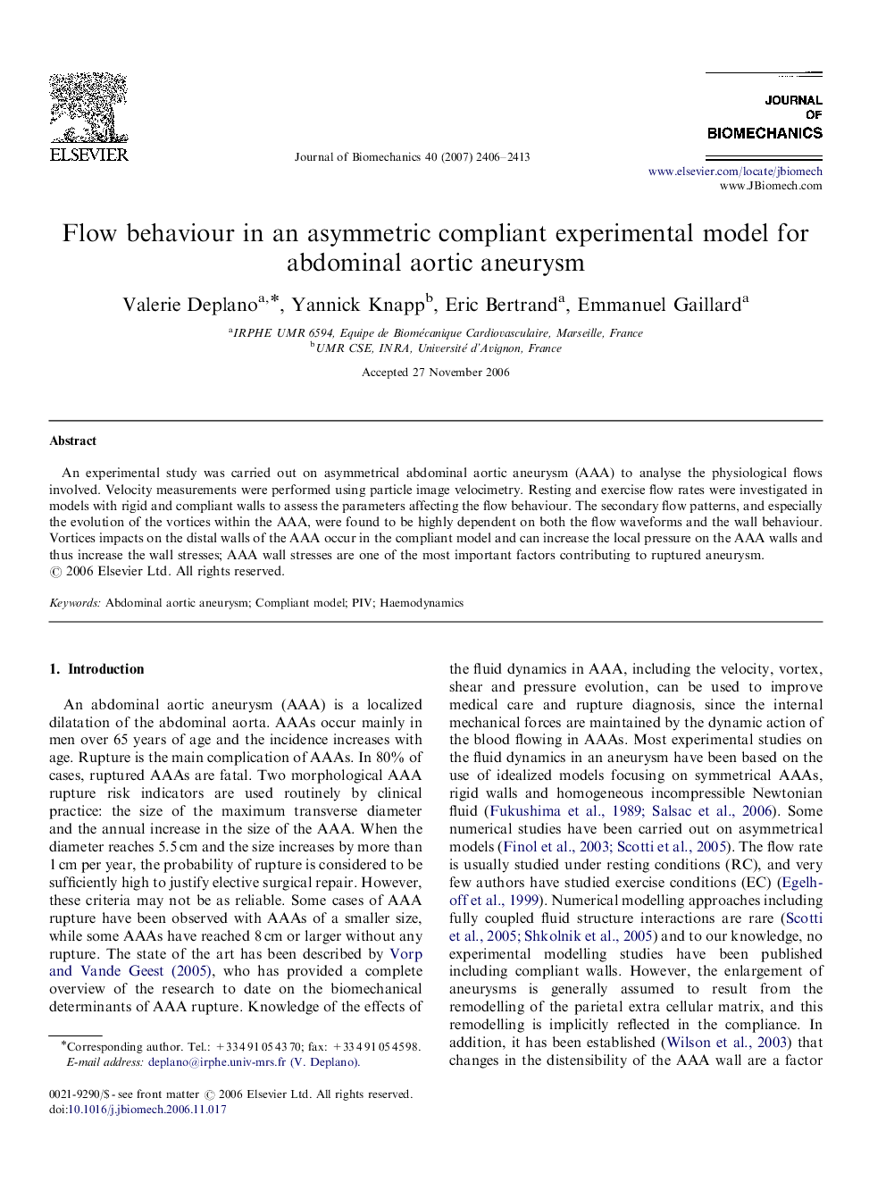 Flow behaviour in an asymmetric compliant experimental model for abdominal aortic aneurysm