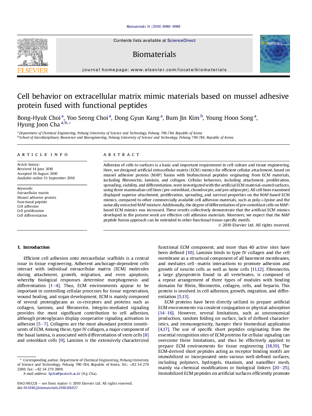 Cell behavior on extracellular matrix mimic materials based on mussel adhesive protein fused with functional peptides