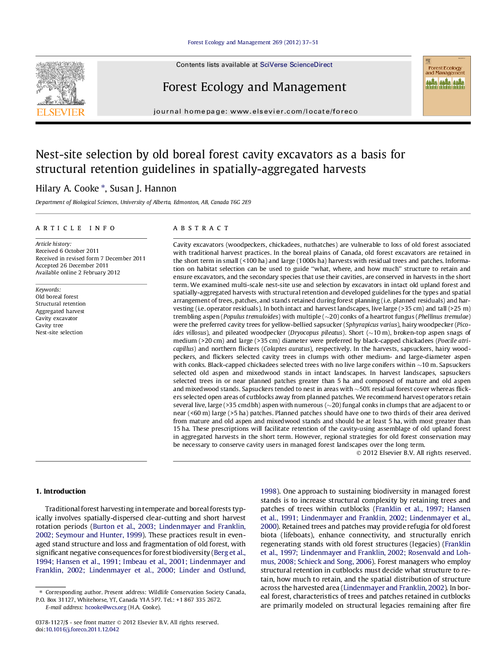 Nest-site selection by old boreal forest cavity excavators as a basis for structural retention guidelines in spatially-aggregated harvests