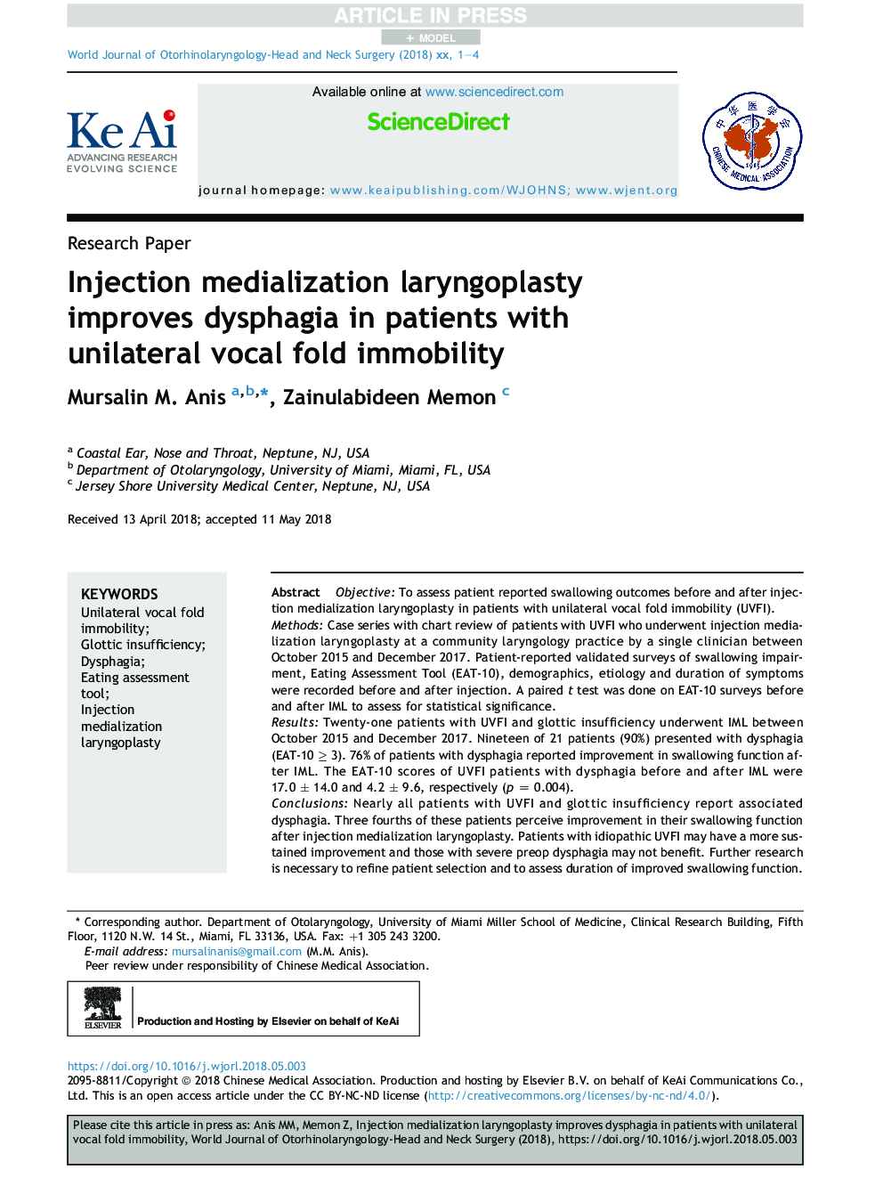 Injection medialization laryngoplasty improves dysphagia in patients with unilateral vocal fold immobility