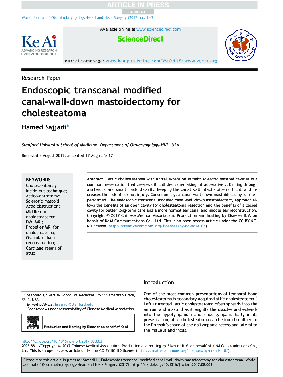 Endoscopic transcanal modified canal-wall-down mastoidectomy for cholesteatoma