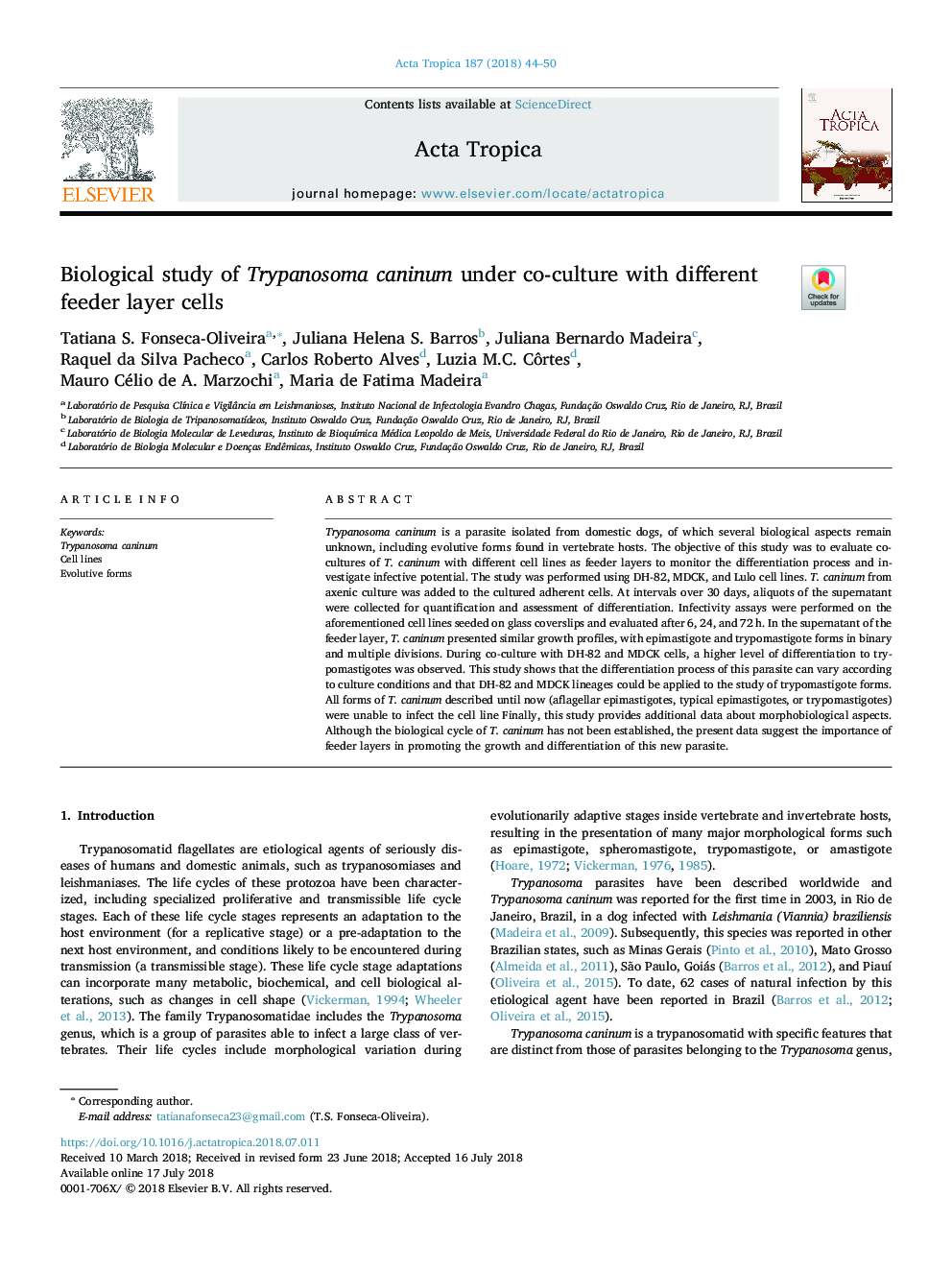 Biological study of Trypanosoma caninum under co-culture with different feeder layer cells