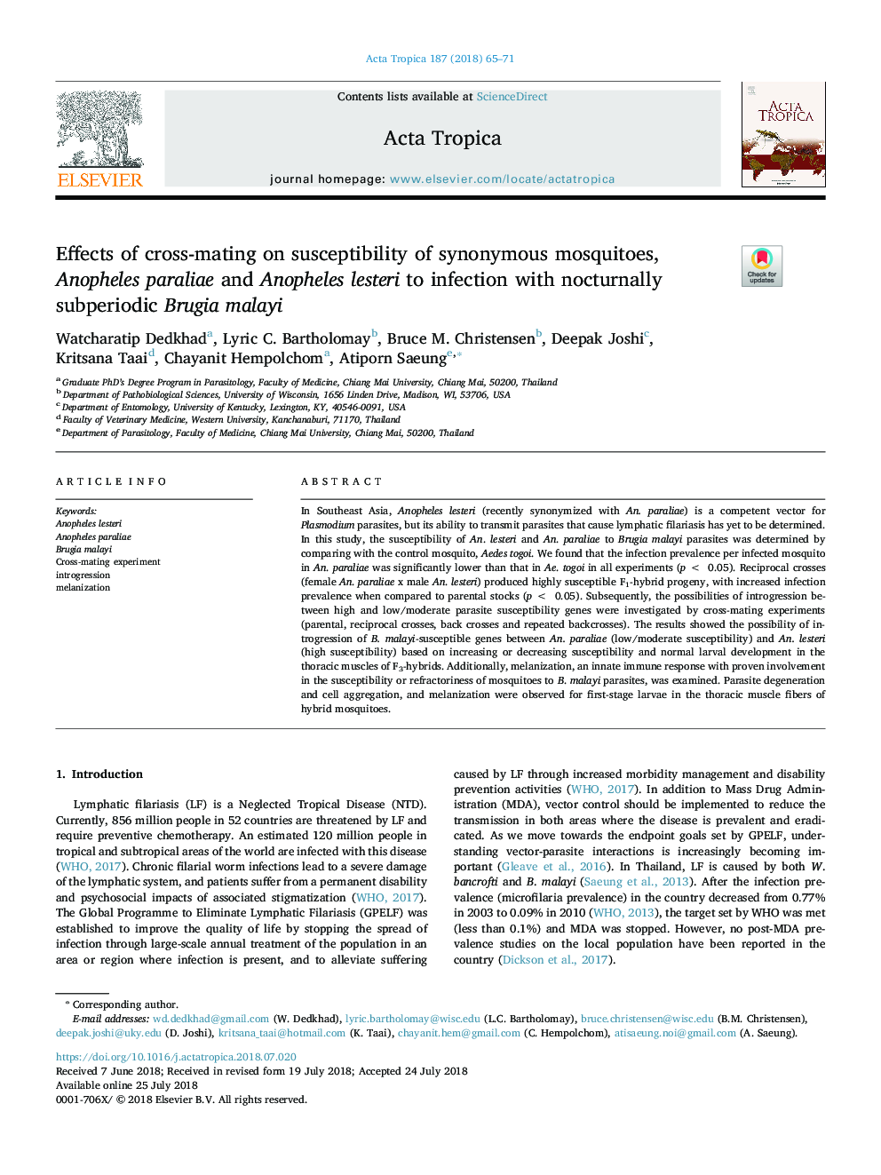 Effects of cross-mating on susceptibility of synonymous mosquitoes, Anopheles paraliae and Anopheles lesteri to infection with nocturnally subperiodic Brugia malayi