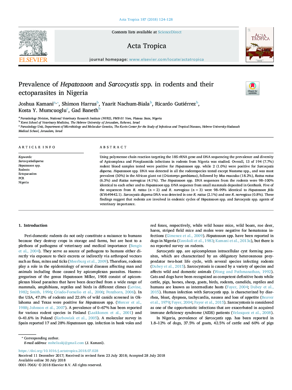 Prevalence of Hepatozoon and Sarcocystis spp. in rodents and their ectoparasites in Nigeria