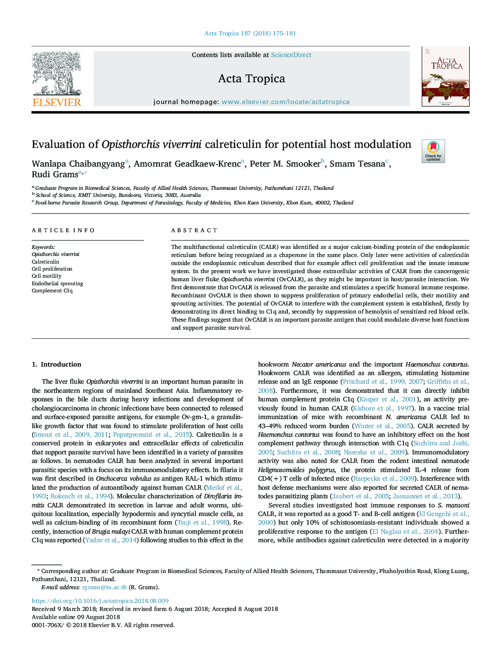 Evaluation of Opisthorchis viverrini calreticulin for potential host modulation