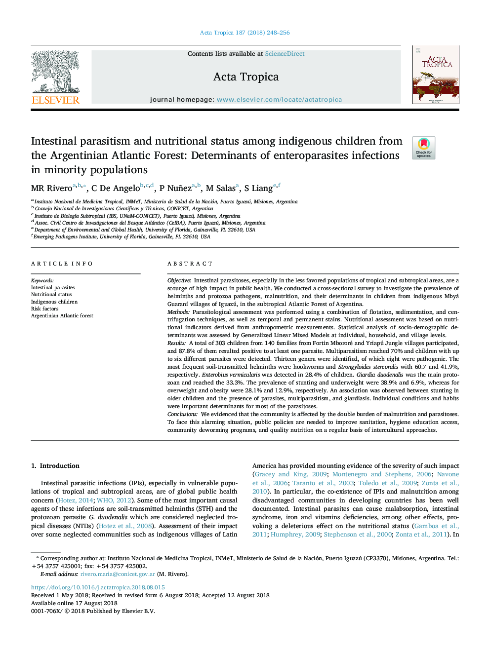 Intestinal parasitism and nutritional status among indigenous children from the Argentinian Atlantic Forest: Determinants of enteroparasites infections in minority populations