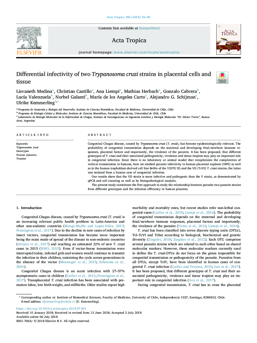 Differential infectivity of two Trypanosoma cruzi strains in placental cells and tissue