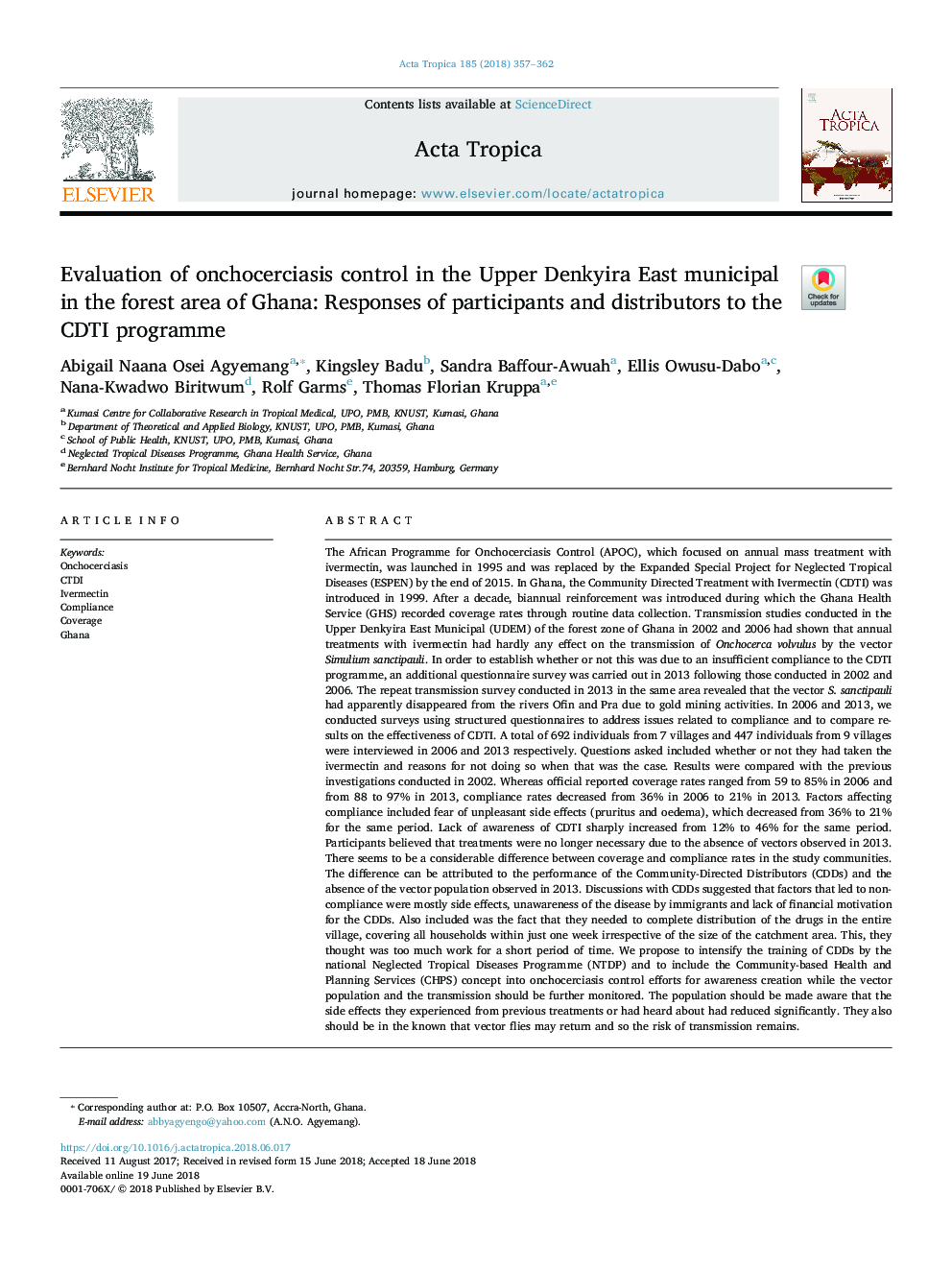 Evaluation of onchocerciasis control in the Upper Denkyira East municipal in the forest area of Ghana: Responses of participants and distributors to the CDTI programme