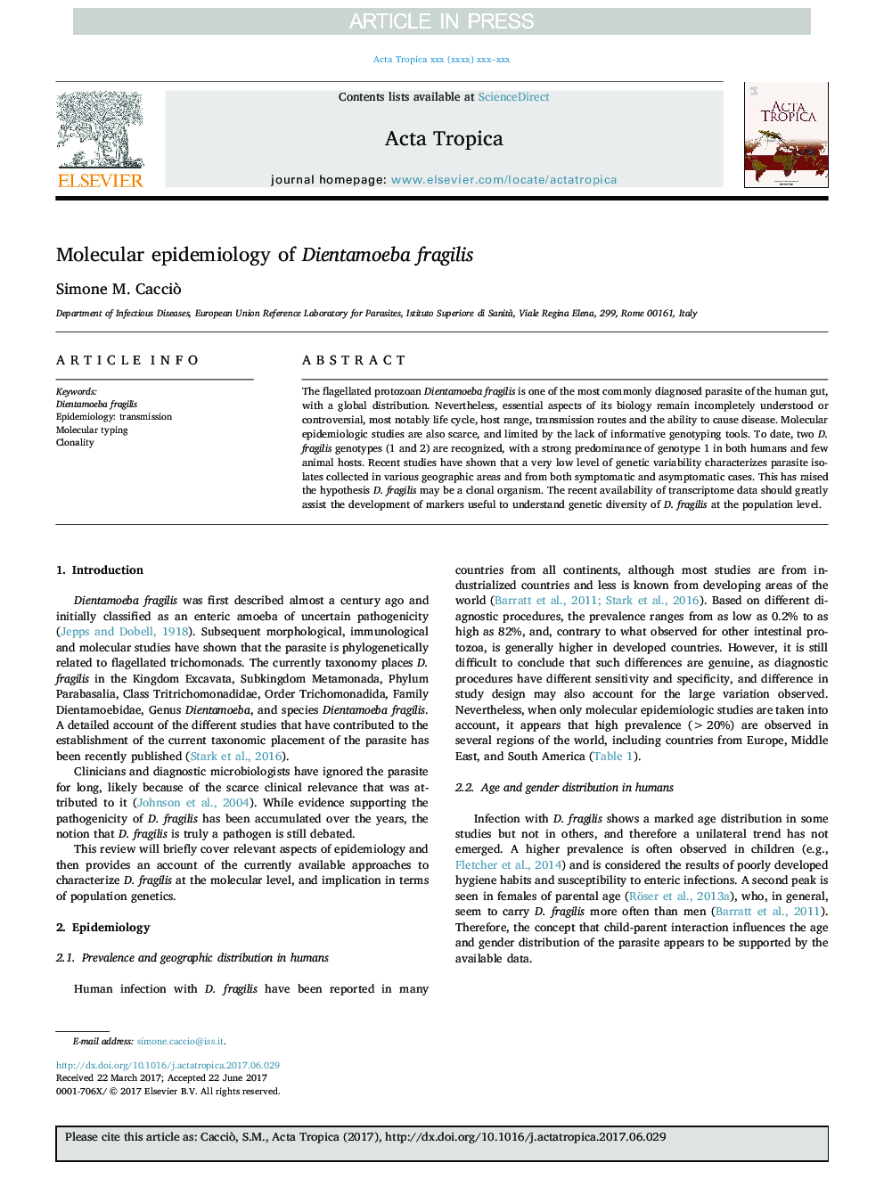 Molecular epidemiology of Dientamoeba fragilis