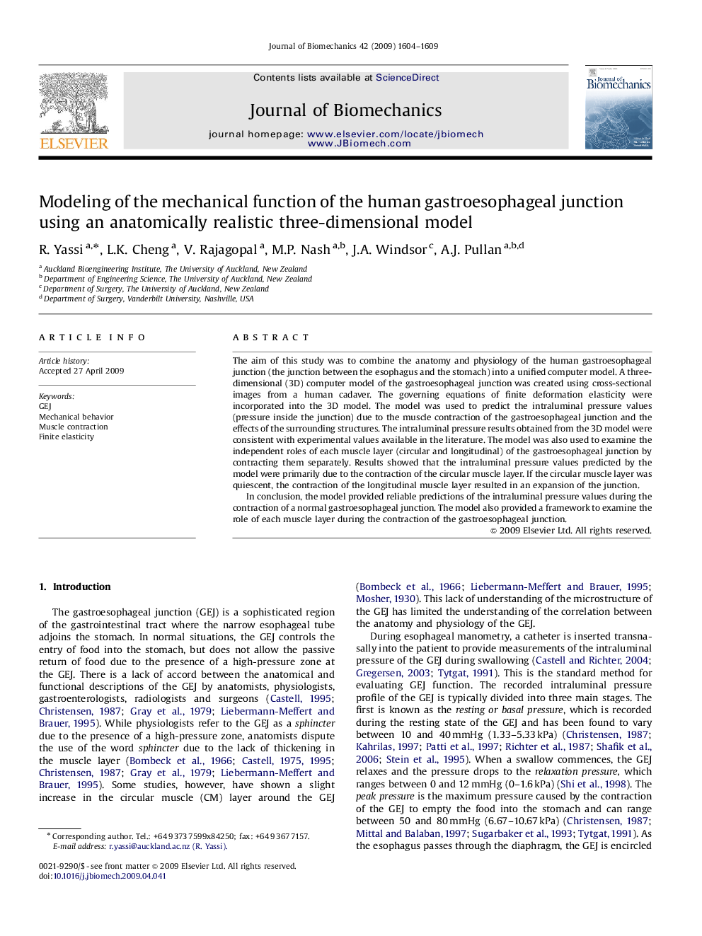 عکس صفحه اول مقاله: Modeling of the mechanical function of the human gastroesophageal junction using an anatomically realistic three-dimensional model Modeling of the mechanical function of the human gastroesophageal junction using an anatomically realistic three-dimensional model
