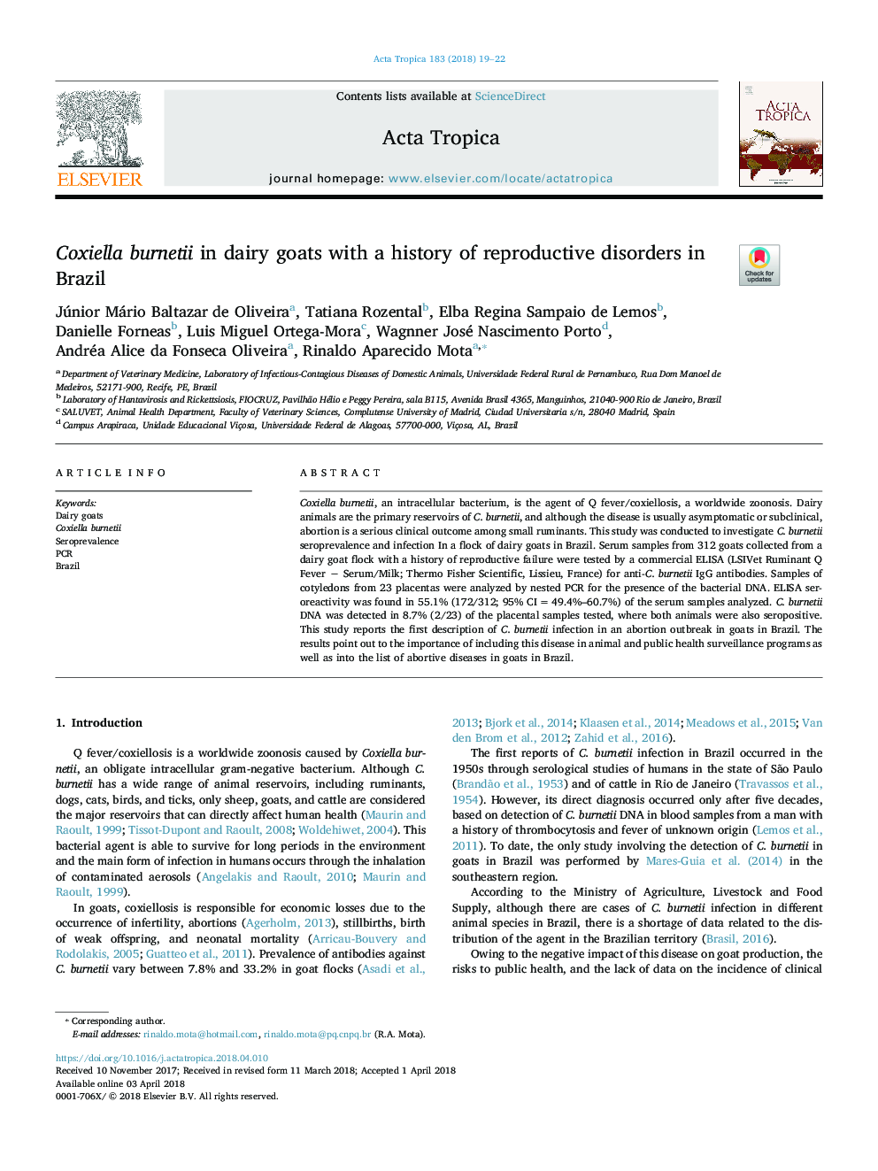 Coxiella burnetii in dairy goats with a history of reproductive disorders in Brazil