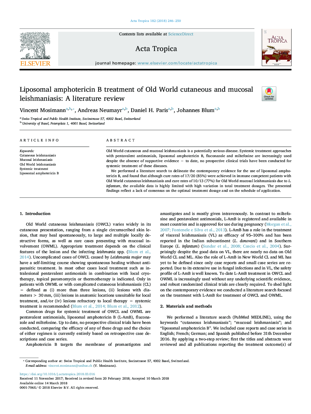 Liposomal amphotericin B treatment of Old World cutaneous and mucosal leishmaniasis: A literature review